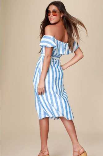 Sunny Days Blue Striped Off The Shoulder Midi Dress (Lulus)