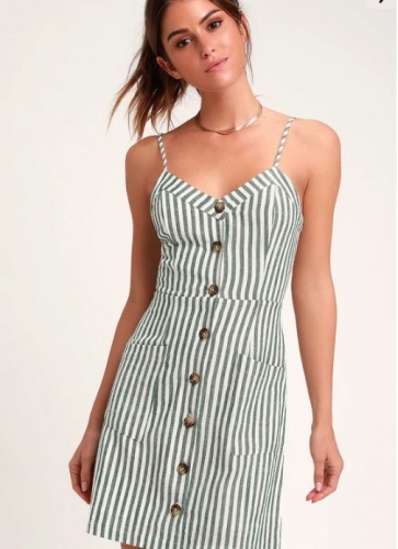 On the Pier Green and White Striped Button Front Mini Dress (Lulus)