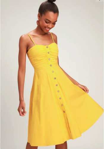 Sweet Treat Golden Yellow Button Up Midi Dress (Lulus)