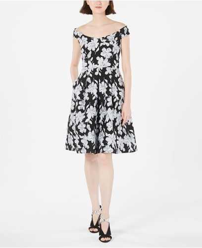 Petite Calvin Klein Off-The-Shoulder Brocade Floral Fit & Flare Dress (Macys)