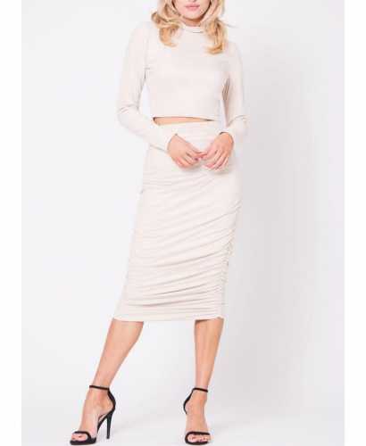 Faux Suede Long Sleeve Crop and Ruched Midi Skirt Set (Macys)