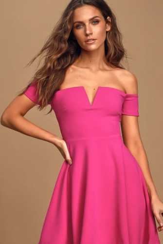 Play the Party Fuchsia Off-the-Shoulder Skater Dress (Lulus)