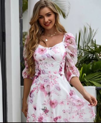 Yilibasha Puff Sleeve Floral Print Bustier Dress (Shein)