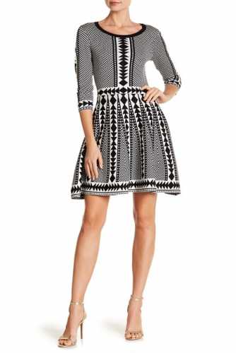 Nina Leonard Geometric Print Flare Dress Ivory-Black (Nordstrom Rack)