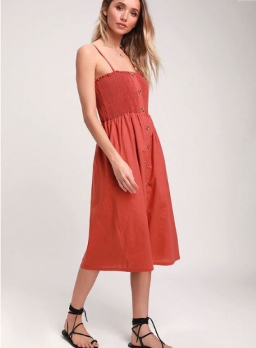 Terra Cotta Smocked Button Front Midi Dress (Lulus)