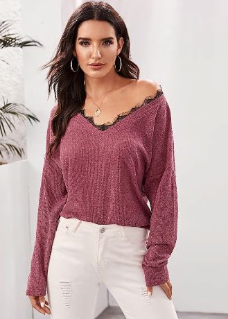 Lace Insert Drop Shoulder Sweater (Shein)