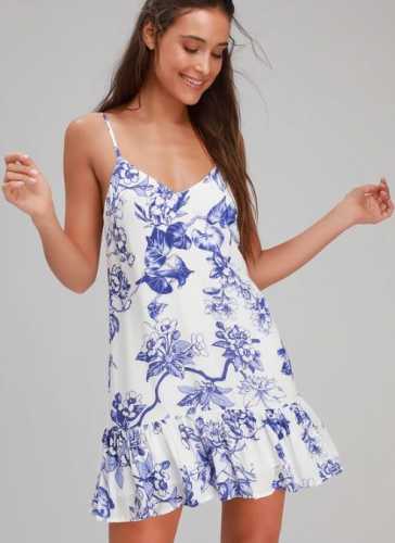 Garden Bloom Blue and White Floral Print Ruffled Shift Dress (Lulus)