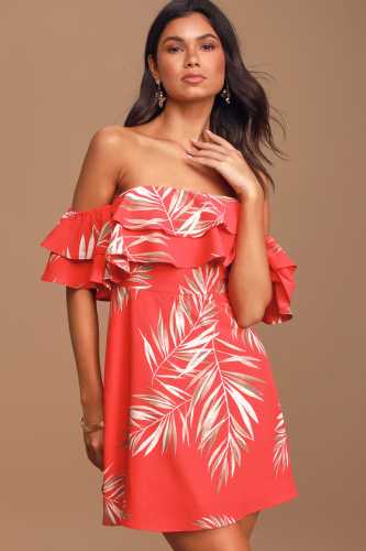 Be-Leaf the Hype Coral Pink Off-the-Shoulder Mini Dress (Lulus)