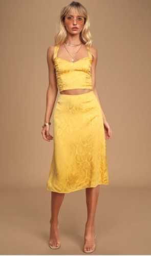 Pergola Yellow Leaf Print Embossed Midi Skirt (Lulus)