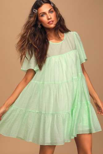  Tier We Go Mint Green Tiered Short Sleeve Mini Dress (Lulus)