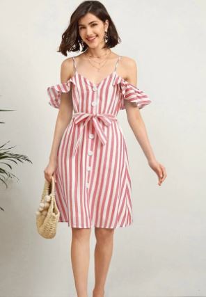 Striped Cold Shoulder Belted Dress (Shein)