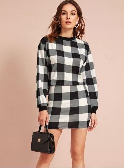 Drop Shoulder Gingham Print Pullover & Skirt (Shein)