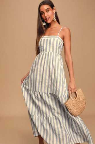 Must Be Dreaming Blue and White Striped Tiered Maxi Dress (Lulus)