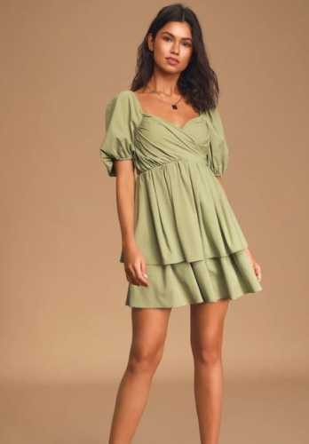 A Little Romance Pistachio Green Tiered Puff Sleeve Mini Dress (Lulus)