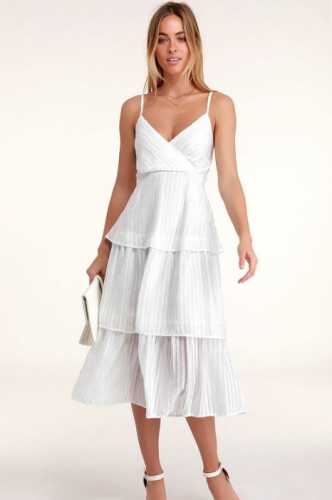 Blaine White Striped Tiered Midi Dress (Lulus)