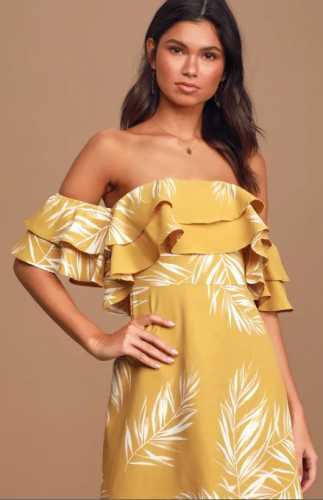 Be-Leaf the Hype Mustard Yellow Off-the-Shoulder Mini Dress (Lulus)