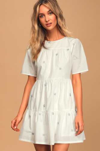 Full-Time Loving White Floral Embroidered Tiered Babydoll Dress (Lulus)
