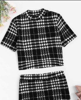 Mock-neck Houndstooth Print Top & Skirt Set (Shein)