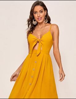 Tie Front Cutout Detail Shirred Back Cami Dress (Shein)