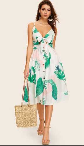 Leaf Print Button Tie Front Cami Dress (Shein)
