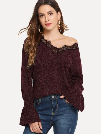 Contrast Lace V-neck Sweater (Shein)