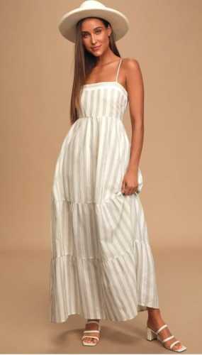Must Be Dreaming Beige and Grey Striped Tiered Maxi Dress (Lulus)