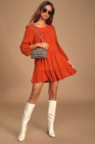 Full of Heart Rust Orange Tiered Long Sleeve Swing Dress (Lulus)