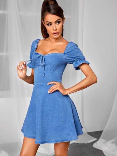 Tie Front Sweetheart Neck Puff Sleeve Denim Dress (Shein)