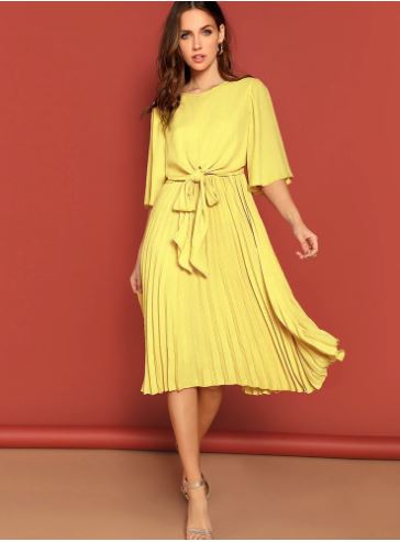 Zip Back Knot Front Pleated Dress (Shein)