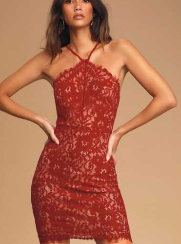Stunning Moment Wine Red Lace Halter Bodycon Mini Dress (Lulus)